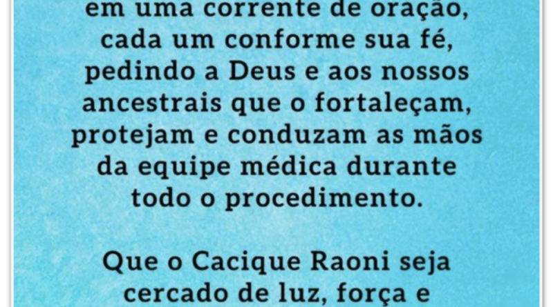 Cacique Raoni realiza cirurgia para desobstrução intestinal