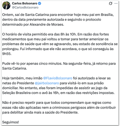 Carlos relata que Bolsonaro apresentava sonolência e não conseguia acordar