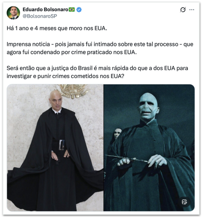 Eduardo compartilha foto de Moraes com ator que interpreta vilão de Harry Potter