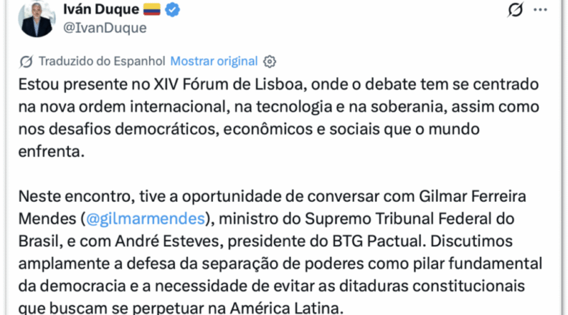 Gilmar elogia discurso de Iván Duque durante Fórum de Lisboa
