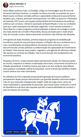 Gilmar Mendes destaca FHC e classifica Plano Real como o maior programa social do Brasil