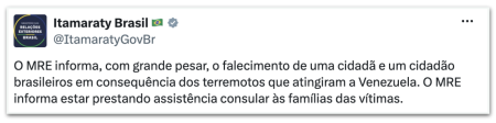 Itamaraty confirma a morte de dois brasileiros em terremotos na Venezuela