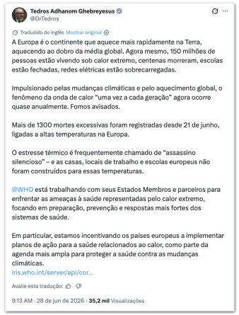 Mais de 1.300 mortes na Europa são atribuídas ao intenso calor, segundo a OMS