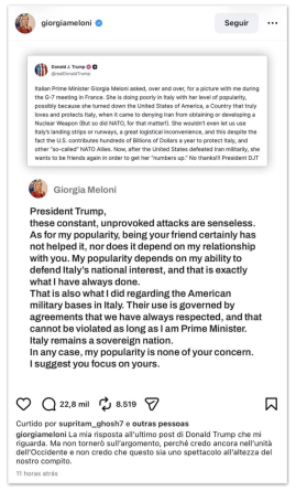 Meloni critica Trump e sugere que presidente se preocupe com sua popularidade
