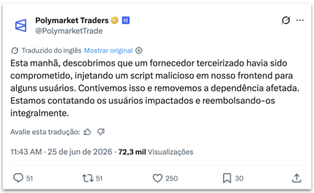 Polymarket confirma roubo de fundos após ataque cibernético ao site
