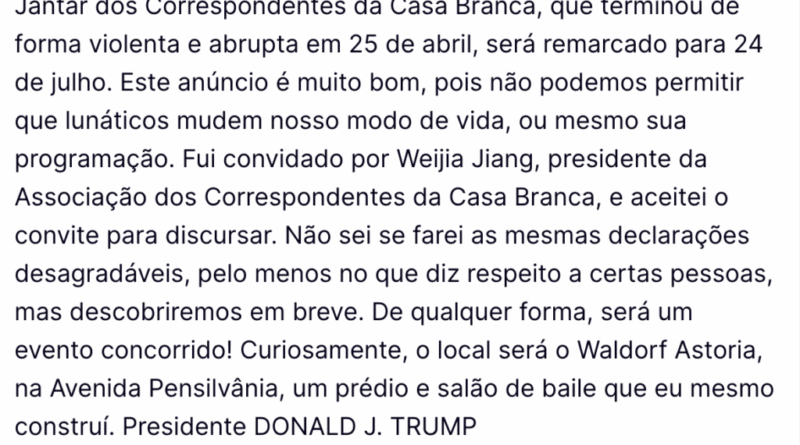 Trump anuncia nova data para jantar com jornalistas da Casa Branca