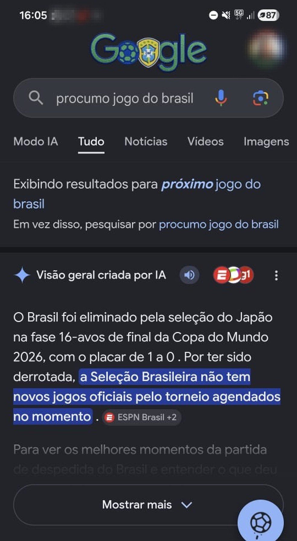 IA do Google mostrando Brasil eliminado antes do fim do jogo.