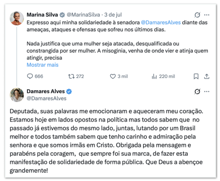 Damares agradece apoio de Marina Silva em evento religioso