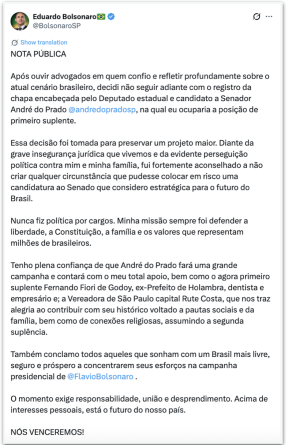 Eduardo Bolsonaro renuncia a candidatura como suplente de André do Prado