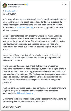 Eduardo Bolsonaro renuncia a candidatura como suplente de André do Prado