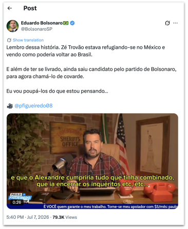 Eduardo defende Bolsonaro e responde a críticas de Zé Trovão