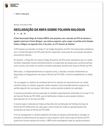 Federação belga reprova decisão da Fifa sobre suspensão de jogador dos EUA