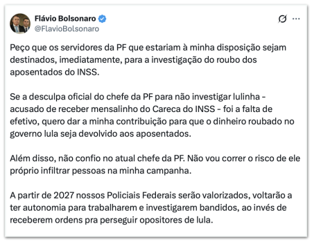 Flávio rejeita proteção da PF e alerta sobre risco de infiltração