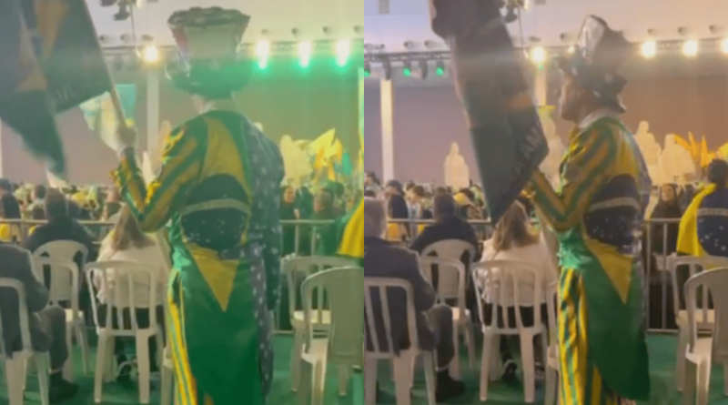 Homem se fantasia de Tio Sam brasileiro durante convenção de Flávio