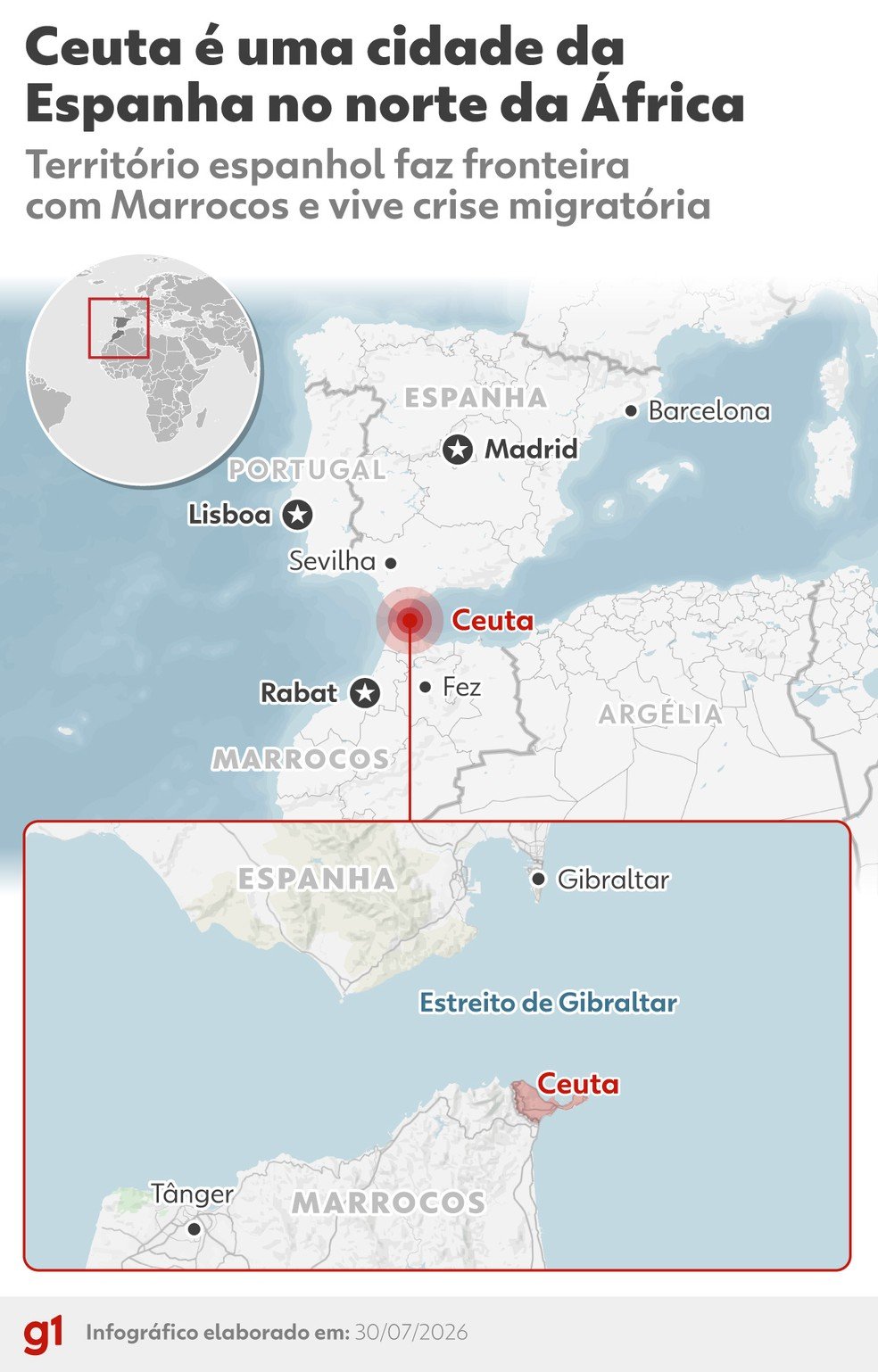 Mapa mostra localização de Ceuta.