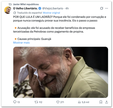 Javier Milei critica Lula em publicações no X