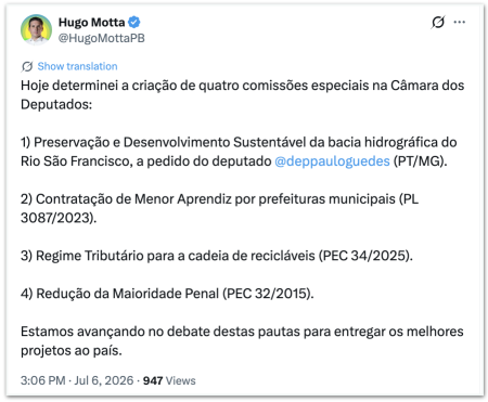 Motta cria quatro comissões especiais e incorpora PEC sobre maioridade penal