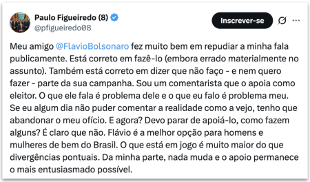 Paulo Figueiredo reafirma apoio a Flávio após críticas recebidas
