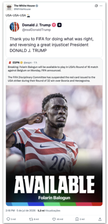 Trump solicita à Fifa a reversão da punição imposta aos EUA, afirma jornalista