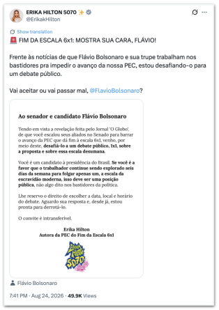 Erika Hilton propõe debate com Flávio sobre o término da escala 6 X 1