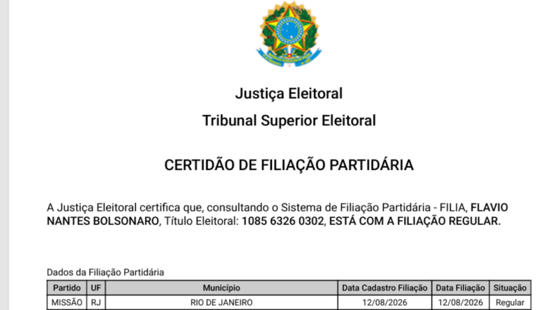 Flávio Bolsonaro busca registro de candidatura no TSE como membro do Missão