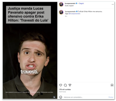 Justiça determina remoção de vídeo em que candidato se refere a Erika Hilton como travesti