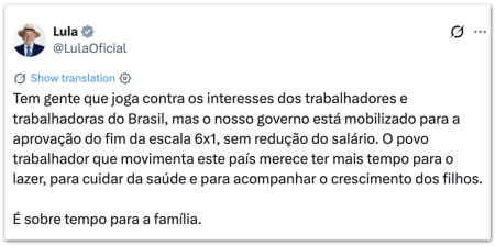 Lula cobra Congresso para acabar com a escala 6 X 1