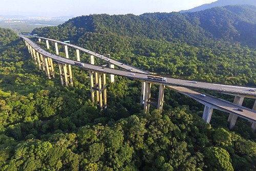 Rodovia brasileira se destaca globalmente com viadutos de até 70 metros que atravessam a Mata Atlântica e garantem segurança em 20 km de curvas suaves sob neblina