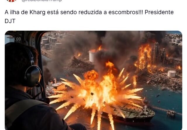 Trump afirma que Kharg, no Irã, está sendo destruída; presidente dos EUA divulga vídeo gerado por IA