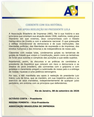 Associação Brasileira de Imprensa manifesta apoio à reeleição de Lula