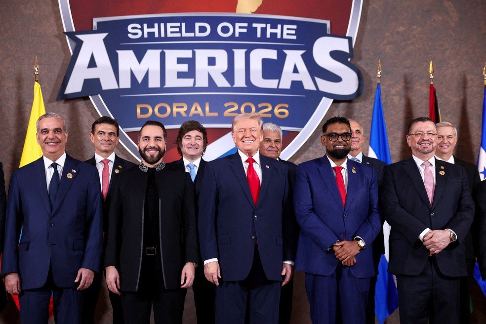 Líderes de países do continente se reúnem com Trump na primeira reunião do Escudo das Américas, em 7 de março de 2026