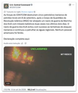 EUA eliminam cinco petroleiros iranianos após ataque a navio