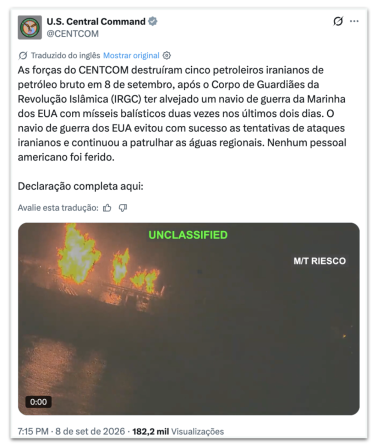 EUA eliminam cinco petroleiros iranianos após ataque a navio