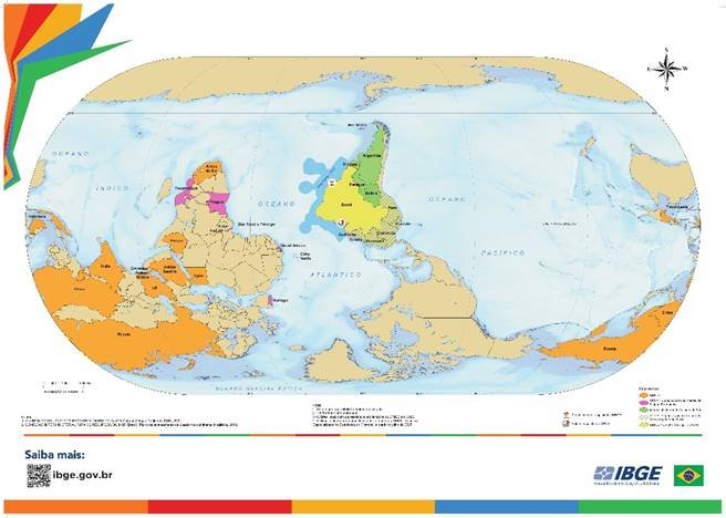 Novo mapa-múndi do IBGE com Brasil no centro da representação, países dos BRICS destacados e projeção cartográfica que reduz distorções globais.