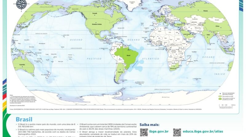 IBGE apresenta mapas-múndi invertidos com Brasil no centro, desafiando a visão tradicional do mundo