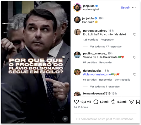 Janja levanta questionamento sobre sigilo no processo de Flávio