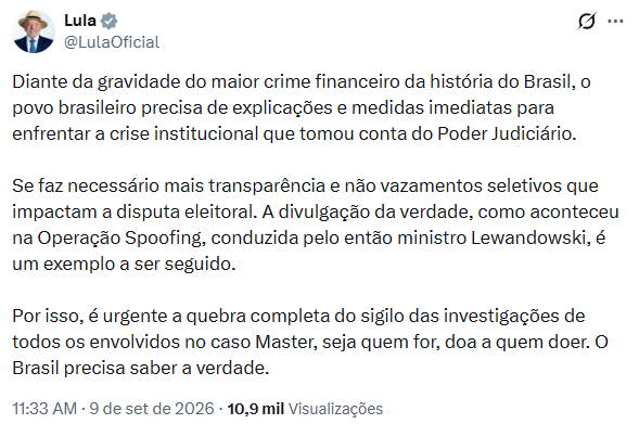 Lula propõe transparência total na investigação do caso Master
