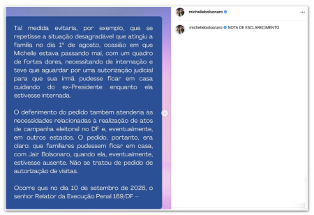 Michelle critica decisão de Moraes que impõe restrições à sua campanha