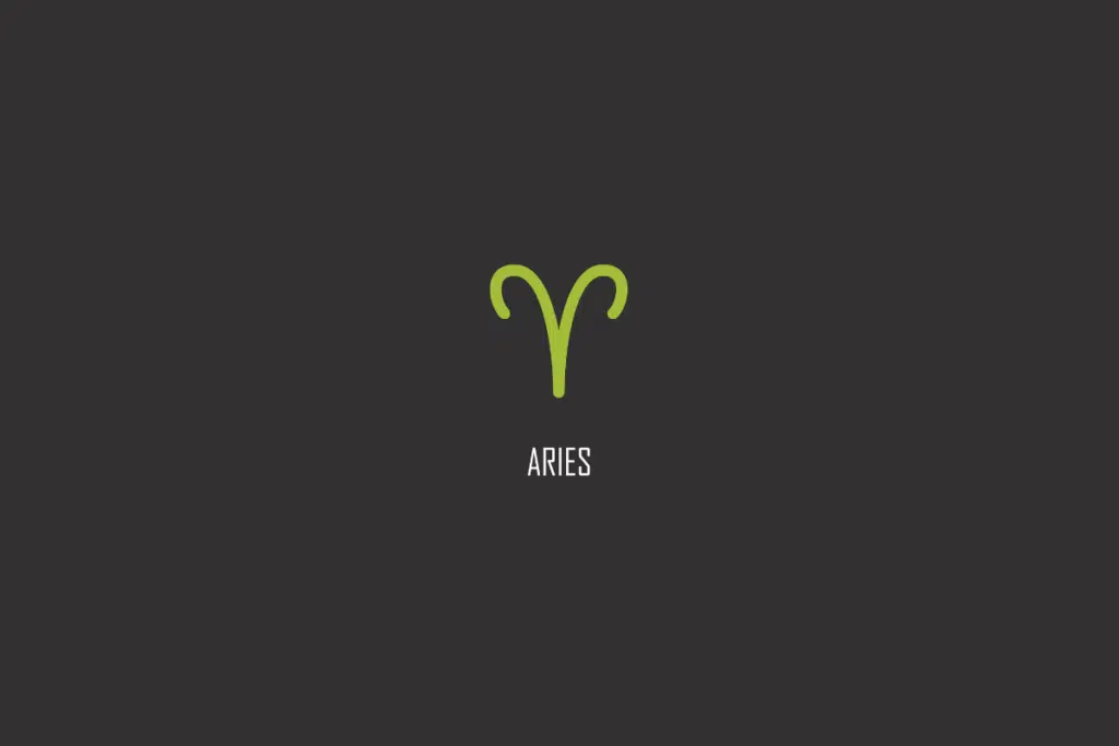 Símbolo verde de Áries com o nome ARIES escrito abaixo, sobre fundo cinza escuro