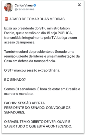 Viana solicita que sessão do STF sobre Moraes seja aberta ao público