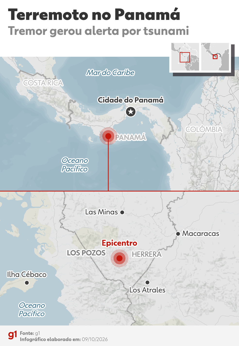 Mapa mostra epicentro do forte terremoto, de magnitude 7,7, que atingiu o Panamá.